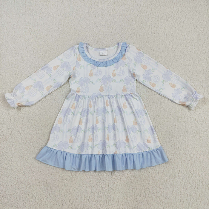 GLD1129 Pumpkin Bows Print Girls Long Sleeve Knee Length Dress