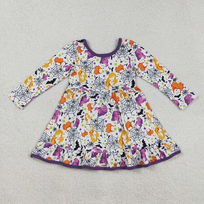 GLD1249 Witch Web Print Girls Halloween Knee Length Dress