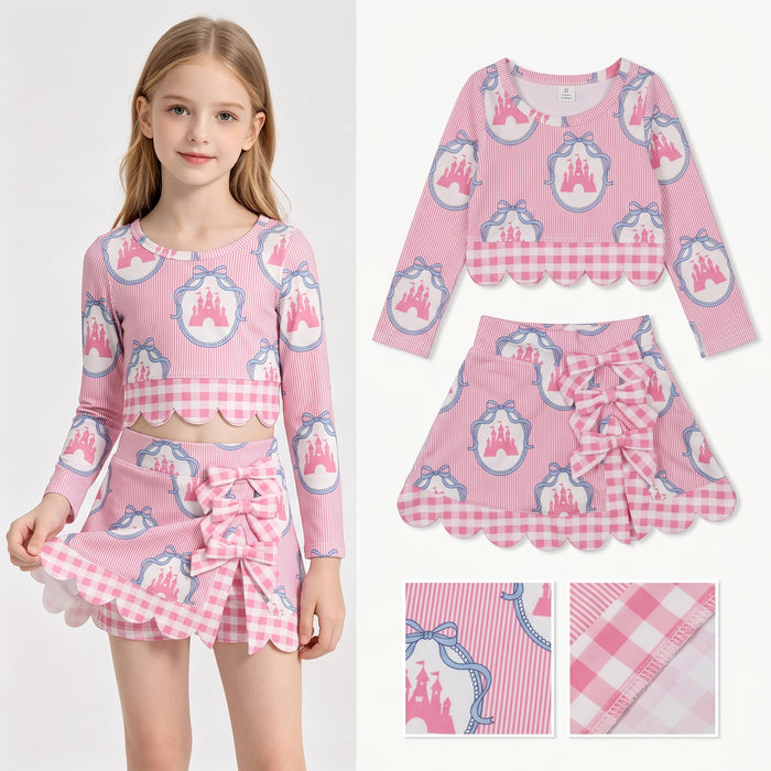 GLD1601 Castle Bows Pink Long Sleeve Top Skort Girls Scallop Yoga Clothes Set