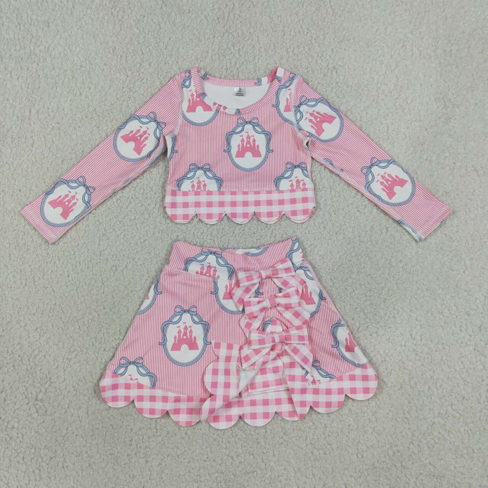 GLD1601 Castle Bows Pink Long Sleeve Top Skort Girls Scallop Yoga Clothes Set