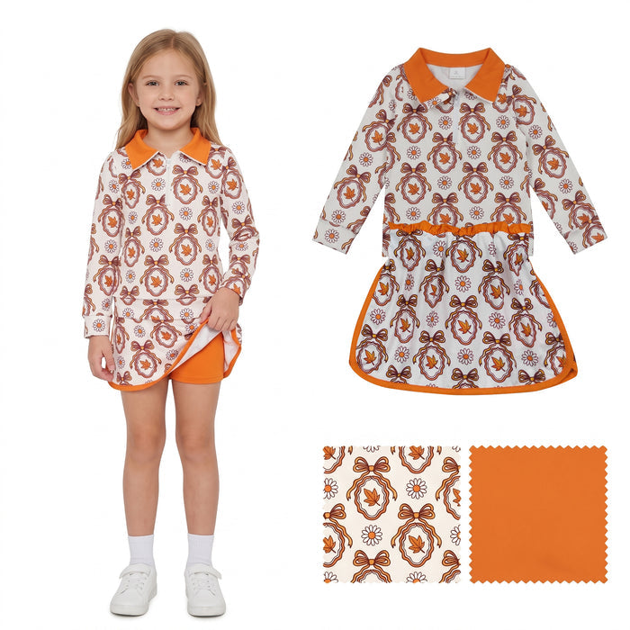 GLD1602 Leaf Flowers Bows Zipper Pullover Top Skort Girls Fall Clothes Set