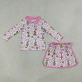 GLD1609 Green Frog Friends Bows Pink Print Zipper Pullover Top Skort Girls Christmas Clothes Set