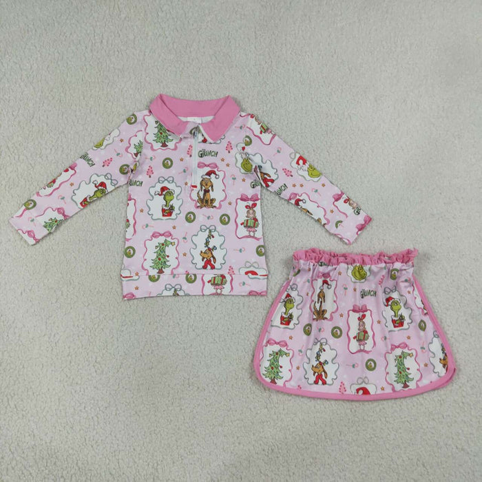 GLD1609 Green Frog Friends Bows Pink Print Zipper Pullover Top Skort Girls Christmas Clothes Set