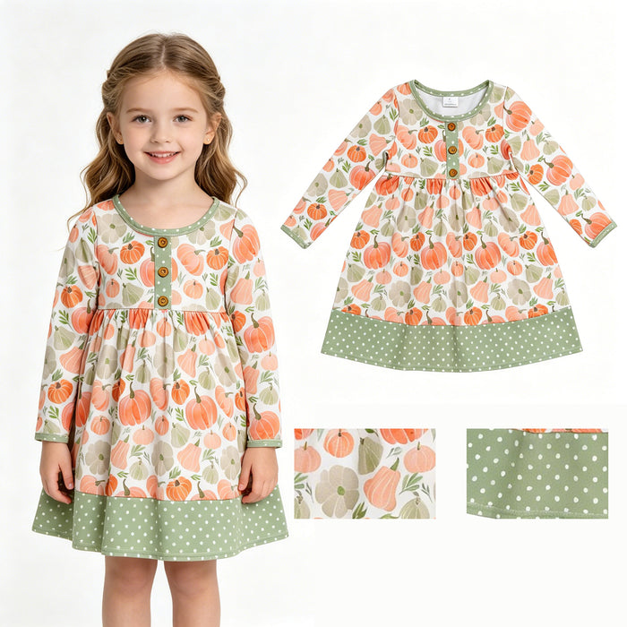 GLD1626 Pumpkin Baby Girls Fall Long Sleeve Knee Length Dress