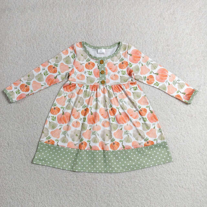 GLD1626 Pumpkin Baby Girls Fall Long Sleeve Knee Length Dress