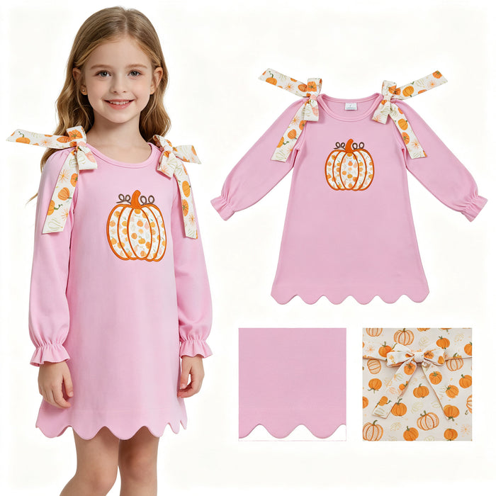 GLD1642 Pumpkin Embroidery Pink Girls Fall Scallop Edge Knee Length Dress