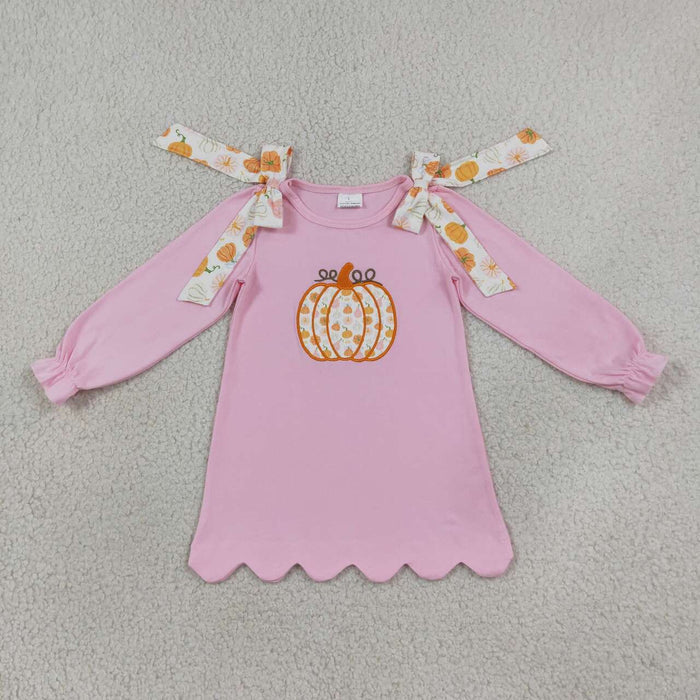 GLD1642 Pumpkin Embroidery Pink Girls Fall Scallop Edge Knee Length Dress