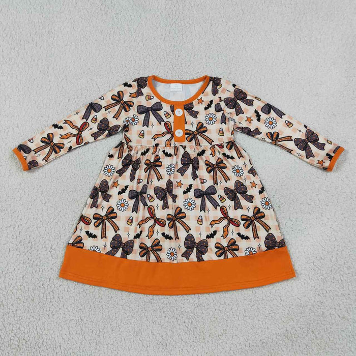 GLD1708 Bows Candy Flowers Bat Print Girls Halloween Knee Length Dresses Dress