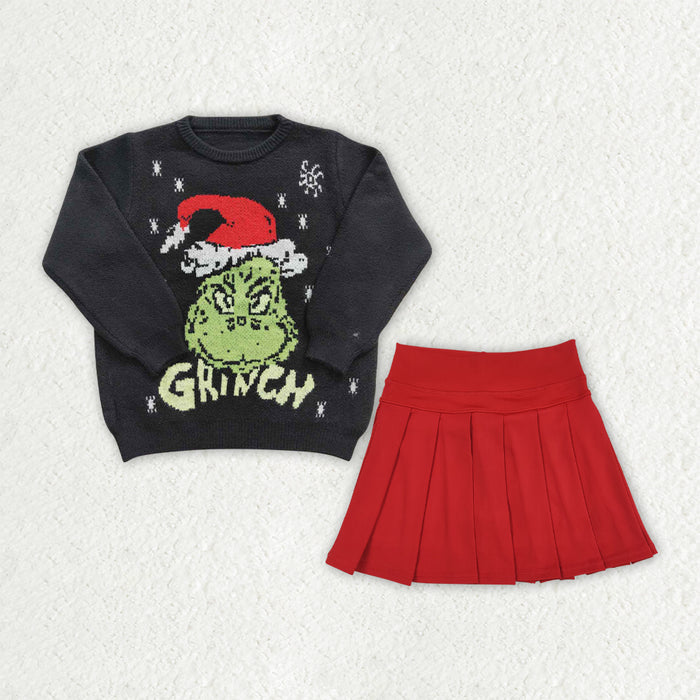 GLD1720 Green Frog Black Sweater Top Red Active Skort Girls Christmas Clothes Set