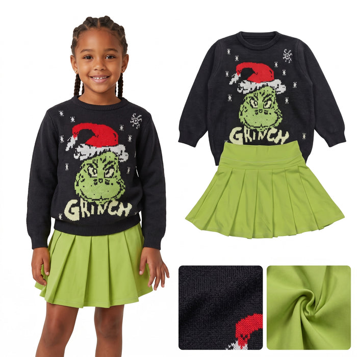 GLD1721 Green Frog Black Sweater Top Active Skort Girls Christmas Clothes Set