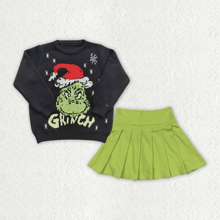GLD1721 Green Frog Black Sweater Top Active Skort Girls Christmas Clothes Set
