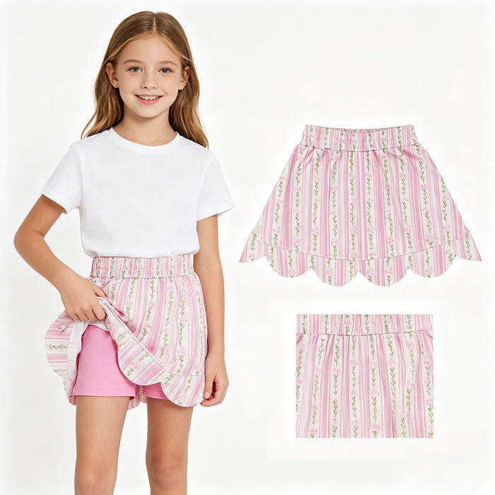 GLK0238 Small Flowers Pink Print Girls Bottom Scallop Skort