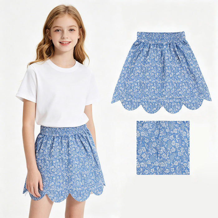 GLK0239 Small Flowers Blue Print Girls Bottom Scallop Skort