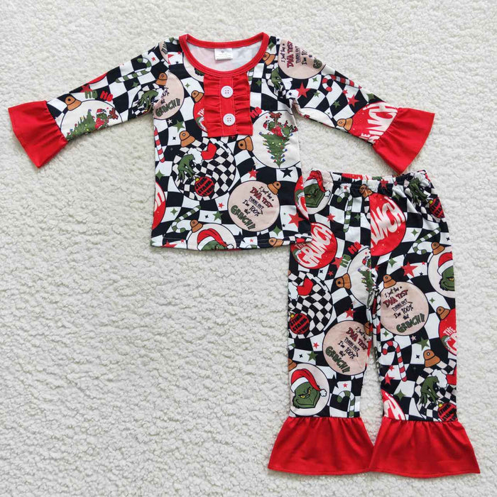 GLP0514 Green Frog Wavy Checkered Print Girls Christmas Pajamas Clothes Set