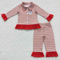 GLP0550 Santa Embroidery Stripes Girls Christmas Buttons Pajamas Clothes Set