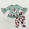 GLP0578 Pumpkin Embroidery Green Top Cowhide Pants Girls Fall Clothes Set