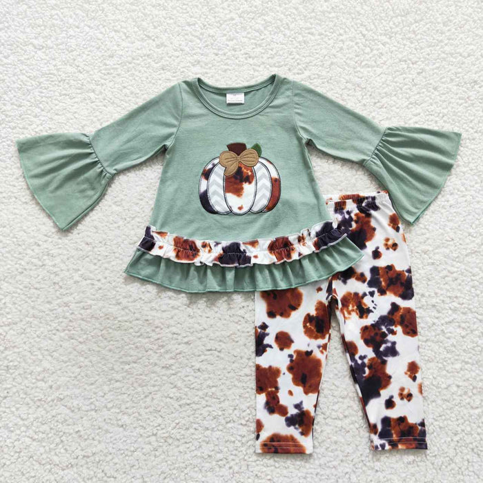 GLP0578 Pumpkin Embroidery Green Top Cowhide Pants Girls Fall Clothes Set