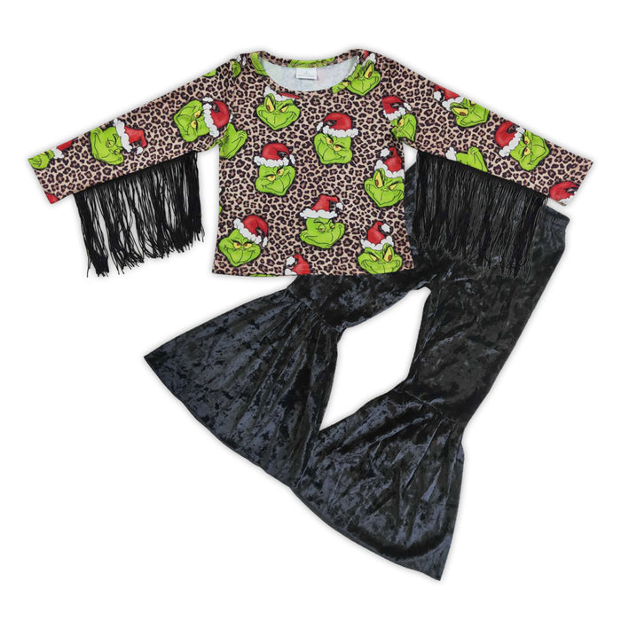 GLP0601 Green Frog Leopard Tassel Top Black Velvet Bell Pants Girls Christmas Clothes Set