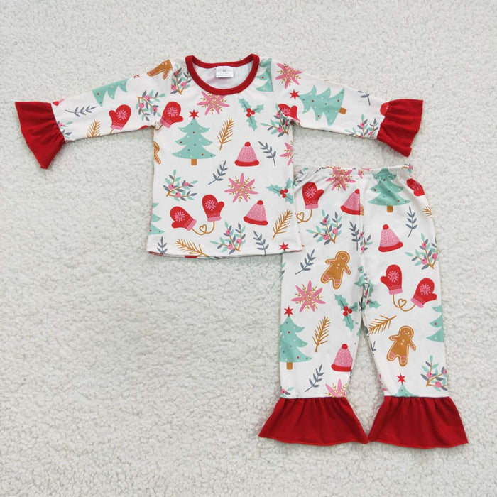 GLP0636 Gingerbread Tree Holly Print Girls Christmas Pajamas Clothes Set