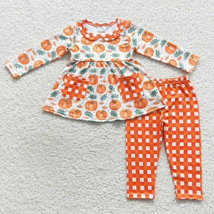 GLP0640 Pumpkin Pockets Tunic Top Checkerd Pants Girls Fall Clothes Set