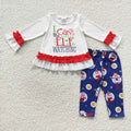 GLP0641 Cartoon Shelf Ruffle Tunic Top Blue Pants Girls Christmas Clothes Set