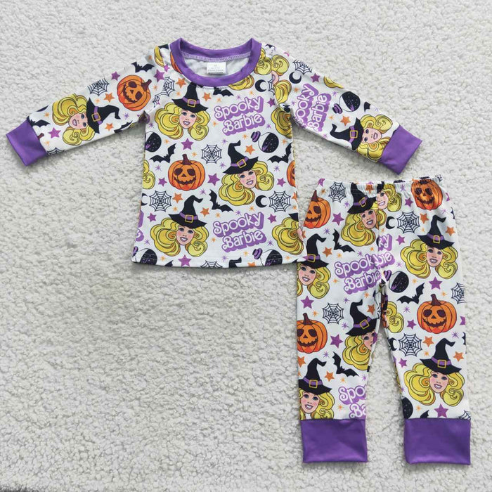 GLP0661 Purple Spooky BA Pumpkin Print Girls Halloween Pajamas Clothes Set