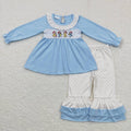 GLP0675 Cartoon Dog Embroidery Blue Tunic Top Dots Ruffle Pants Girls Christmas Clothes Set