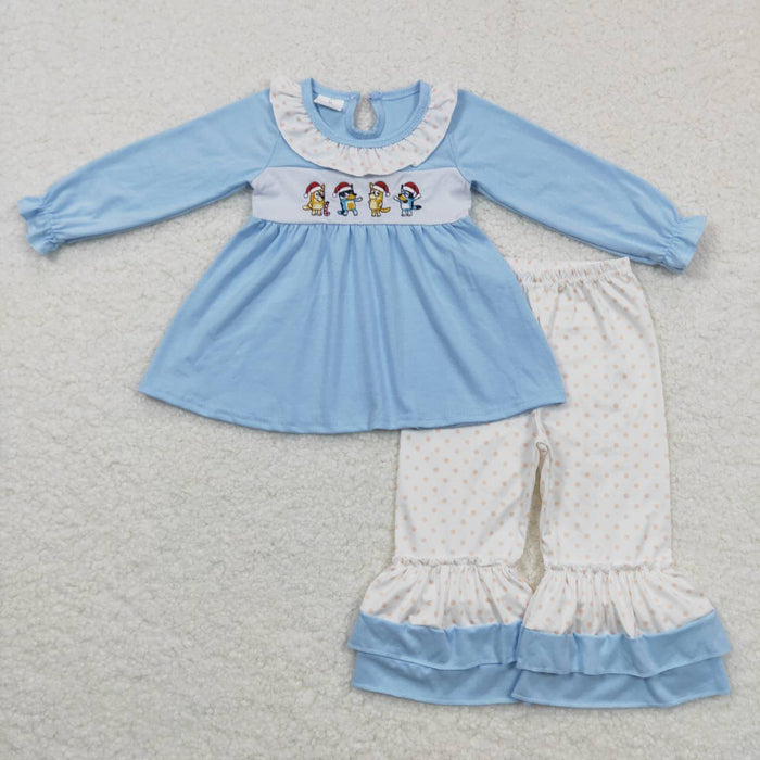 GLP0675 Cartoon Dog Embroidery Blue Tunic Top Dots Ruffle Pants Girls Christmas Clothes Set