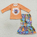 GLP0677 Cartoon Stitc* Pumpkin Top Bell Pants Girls Halloween Clothes Set