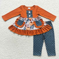 GLP0682 Pumpkin Pockets Tunic Top Dots Pants Girls Fall Clothes Set
