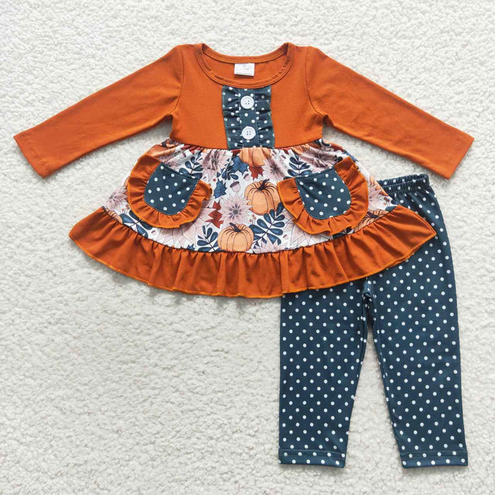 GLP0682 Pumpkin Pockets Tunic Top Dots Pants Girls Fall Clothes Set