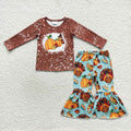 GLP0683 Pumpkin Turkey Brown Top Pie Bell Pants Girls Thanksgiving Clothes Set