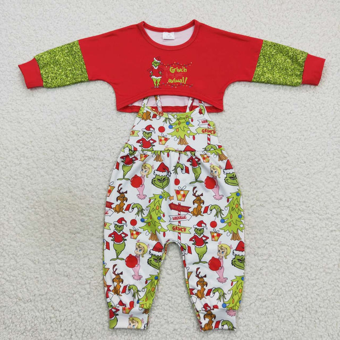 GLP0687 Green Frog Red Top Jumpsuits Girls Christmas Clothes Set
