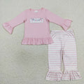 GLP0694 Lights Embroidery Pink Top Stripes Ruffle Pants Girls Christmas Clothes Set