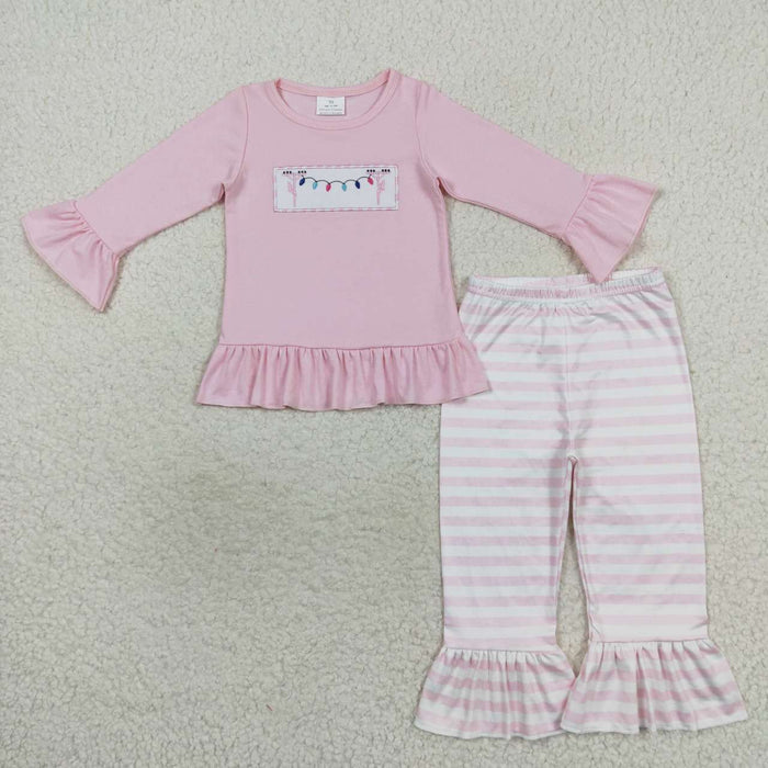 GLP0694 Lights Embroidery Pink Top Stripes Ruffle Pants Girls Christmas Clothes Set