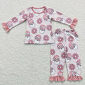 GLP0713 Santa Flowers Pink Print Girls Christmas Pajamas Clothes Set