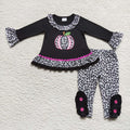 GLP0717 Pumpkin Embroidery Black Top Leopard Pants Girls Fall Clothes Set