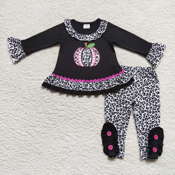 GLP0717 Pumpkin Embroidery Black Top Leopard Pants Girls Fall Clothes Set