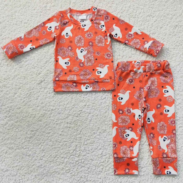 GLP0719 Ghost Flowers Orange Print Girls Halloween Pajamas Clothes Set