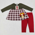 GLP0750 Turkey Embroidery Checkerd Top Red Pants Girls Thanksgiving Clothes Set