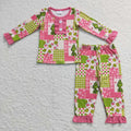 GLP0846 Green Frog Checkered Pink Print Girls Christmas Pajamas Clothes Set