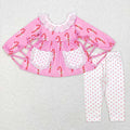 GLP0883 Candy Cane Bows Pockets Tunic Top Dots Legging Pants Girls Christmas Clothes Set
