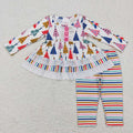 GLP0953 Colorful Tree Ruffle Tunic Top Stripes Pants Girls Christmas Clothes Set