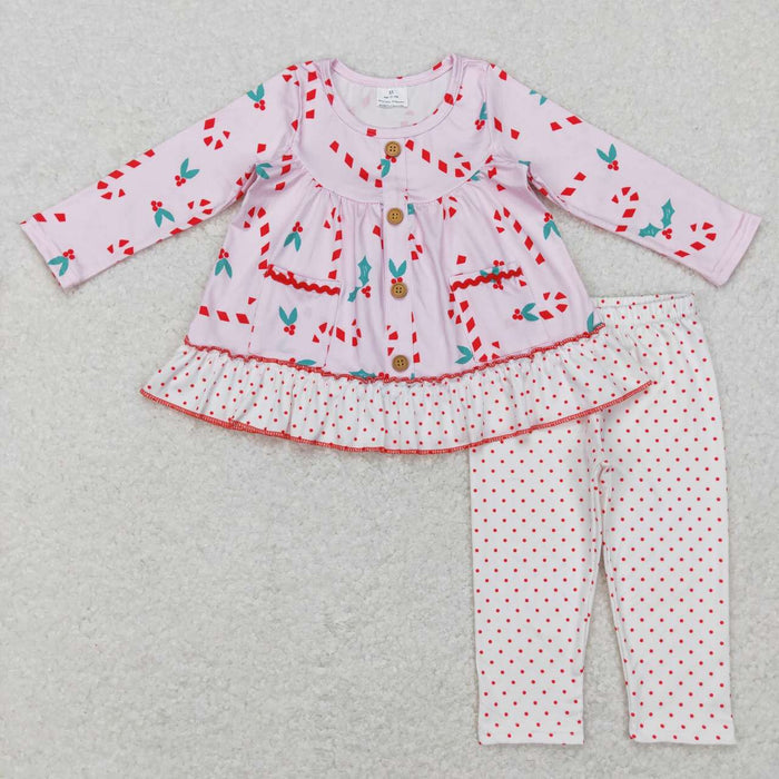 GLP0975 Candy Cane Holly Pockets Ruffle Tunic Top Dots Pants Girls Christmas Clothes Set