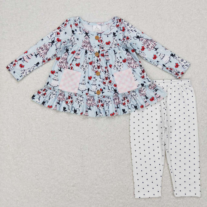 GLP0988 Tree Bows Pockets Ruffle Tunic Top Dots Pants Girls Christmas Clothes Set