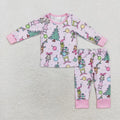GLP1220 Green Frog Pink Print Girls Christmas Bamboo Pajamas Clothes Set
