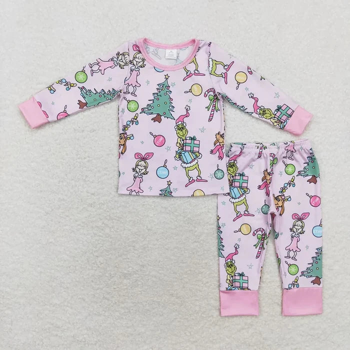 GLP1220 Green Frog Pink Print Girls Christmas Bamboo Pajamas Clothes Set