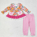 GLP1233 Pumpkin Flowers Pockets Tunic Top Checkered Pants Girls Fall Clothes Set