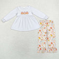 GLP1378 Pumpkin Embroidery White Tunic Top Flowers Pants Girls Fall Clothes Set