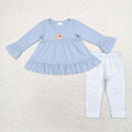 GLP1384 Turkey Embroidery Blue Tunic Top Stripes Pants Girls Thanksgiving Clothes Set